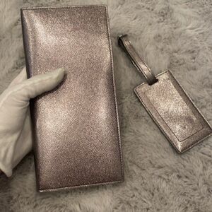 BNWT Nordstrom Patent Saffiano Gunmetal Leather Passport Wallet Luggage Tag $120